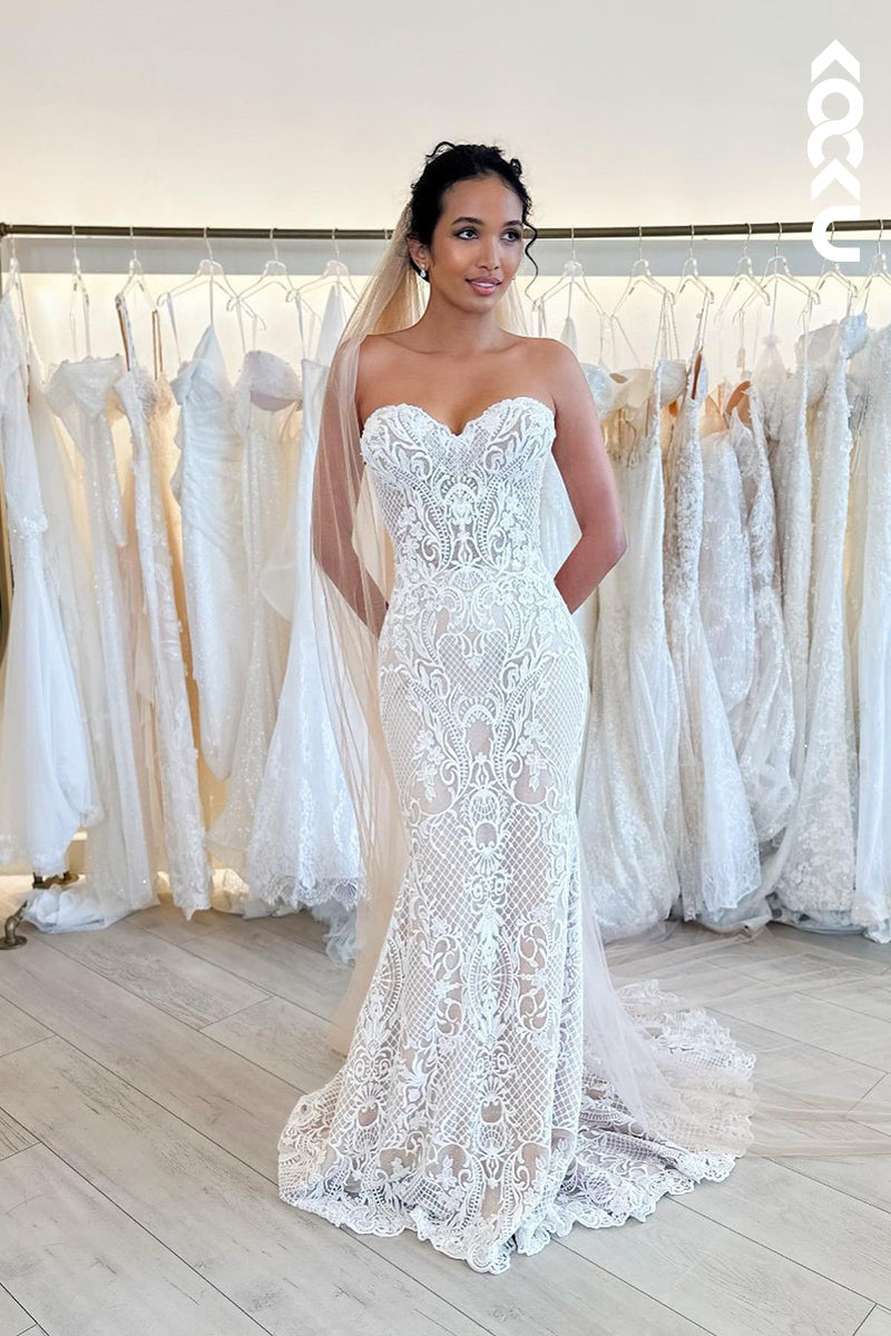 K1811 - Sweetheart Strapless Sheer Lace Mermaid Long Wedding Dress With Sweep Train