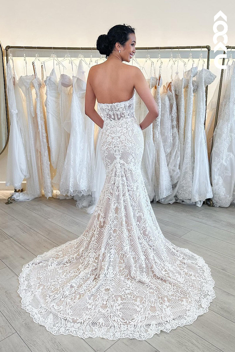 K1811 - Sweetheart Strapless Sheer Lace Mermaid Long Wedding Dress With Sweep Train