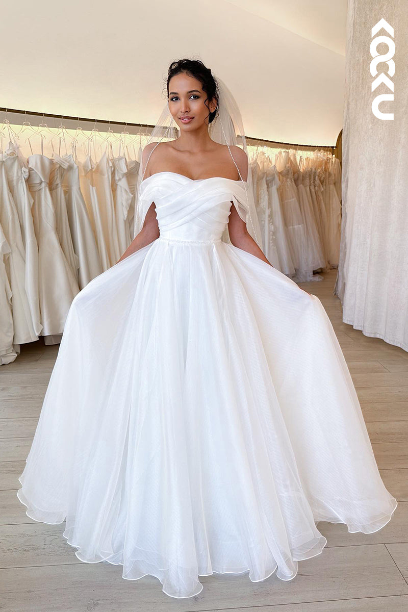 K1812 - Off-Shoulder Ruched Tulle A-Line Long Wedding Dress With Sweep Train