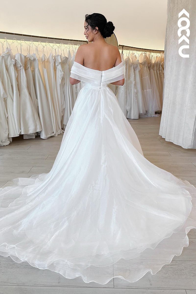 K1812 - Off-Shoulder Ruched Tulle A-Line Long Wedding Dress With Sweep Train