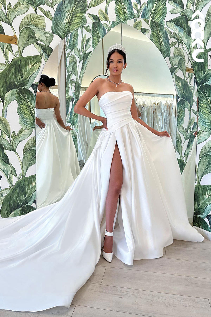 K1814 - Strapless Sleeveless Ruched Satin A-Line Long Wedding Dess With Thigh Slit