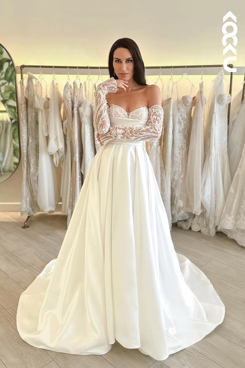 K1815 - Sweetheart Strapless Beaded Tulle Ruched Satin A-Line Long Wedding Dress