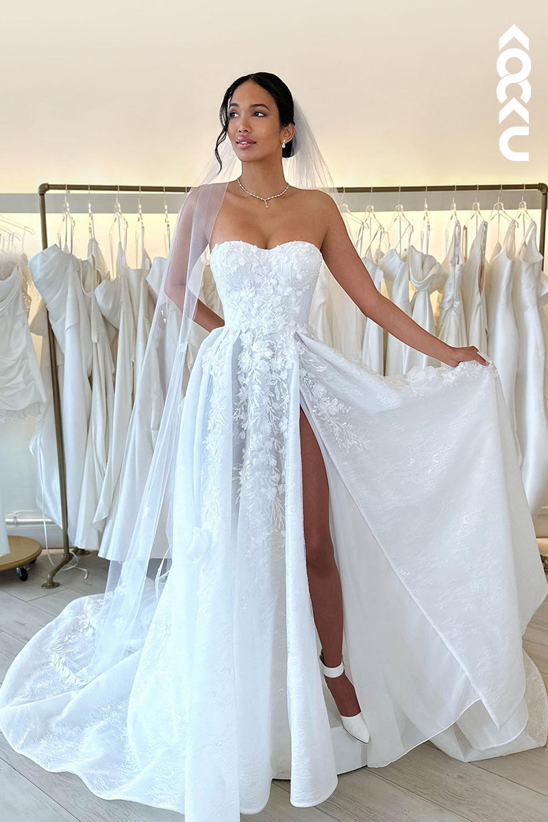 K1816 - Sweetheart Strapless Appliqued Tulle A-Line Long Wedding Dress With Thigh Slit