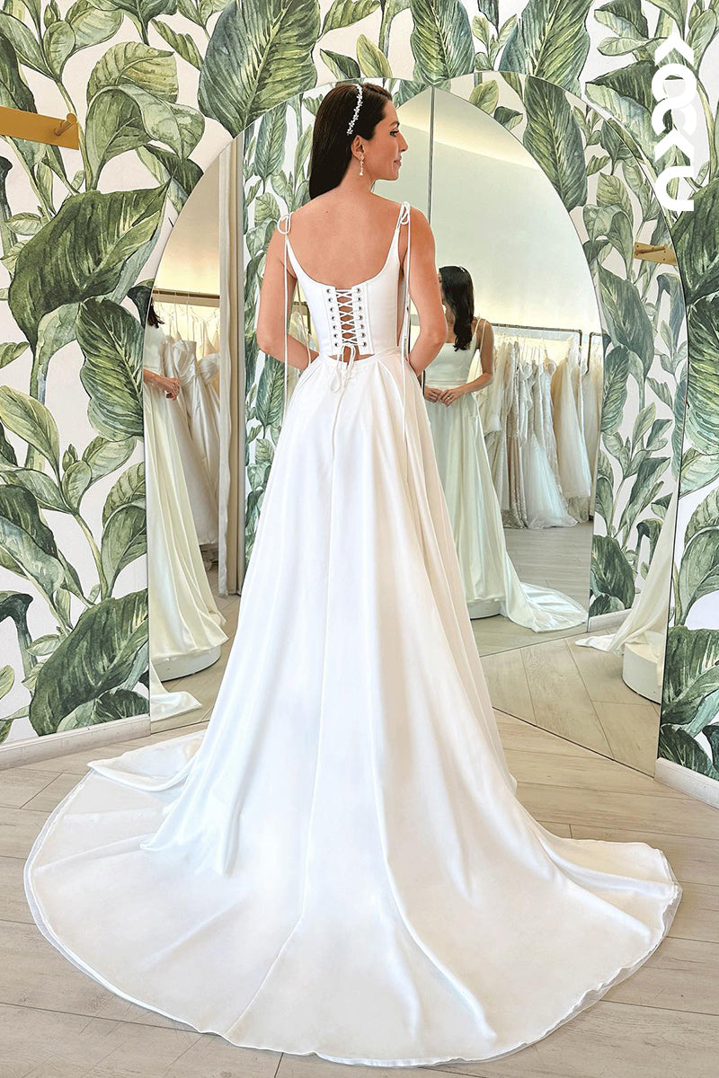 K1817 - Square Neck Spaghetti Straps Ruched Satin A-Line Long Wedding Dress