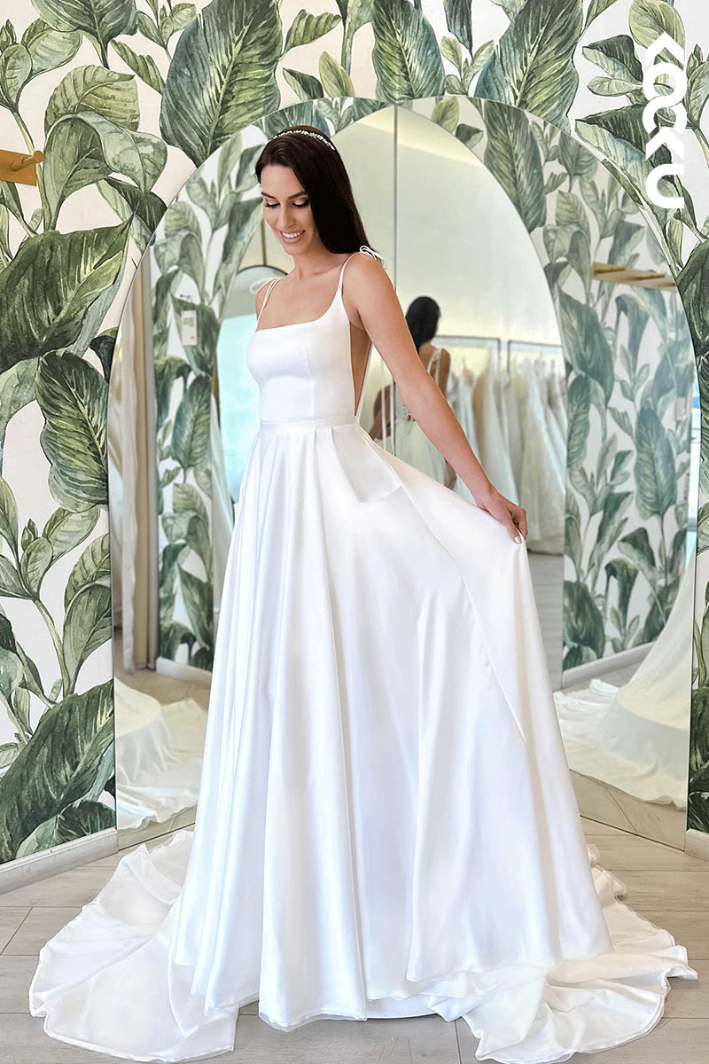 K1817 - Square Neck Spaghetti Straps Ruched Satin A-Line Long Wedding Dress