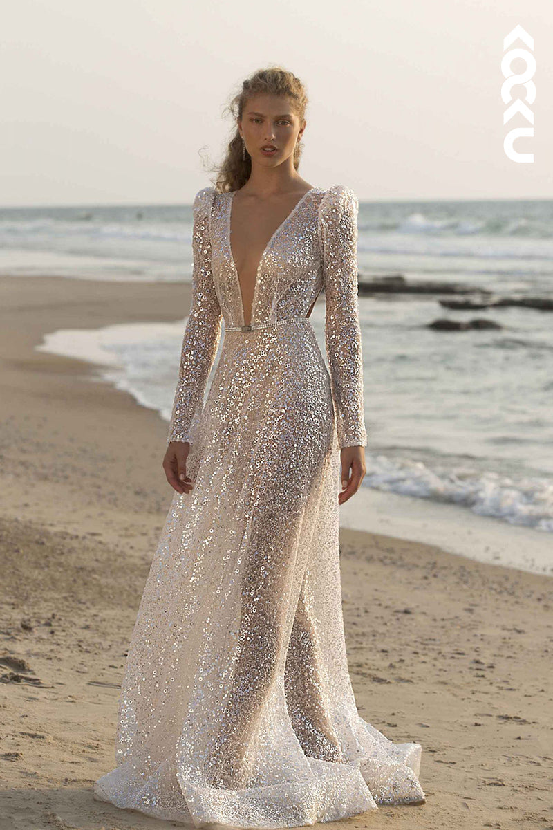 K1819 - Low V-Neck Long Sleeves Backless Sequins Sheer A-Line Long Wedding Dress