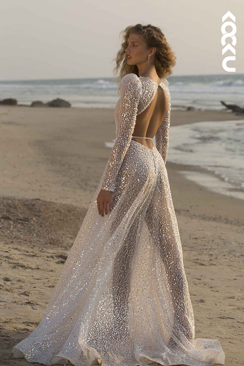 K1819 - Low V-Neck Long Sleeves Backless Sequins Sheer A-Line Long Wedding Dress