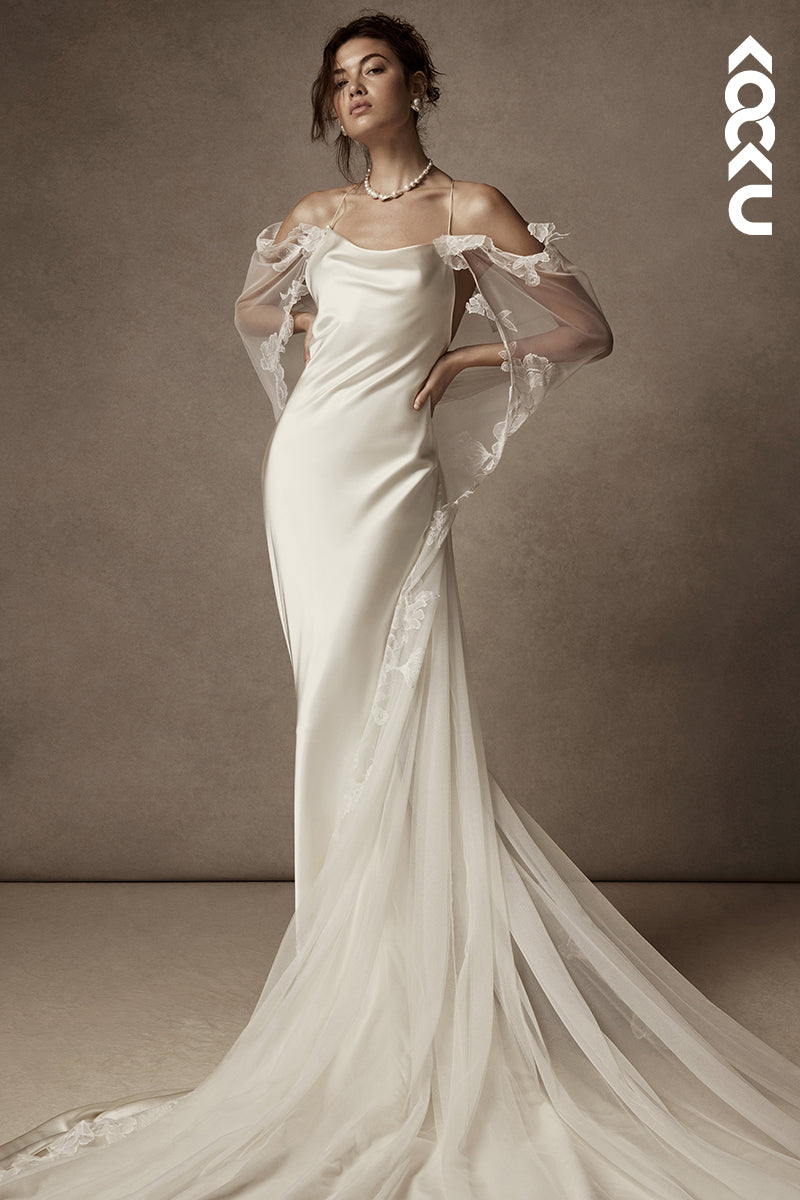 K1823 - Spaghetti Straps Satin Tulle Mermaid Long Wedding Dress With Sweep Train