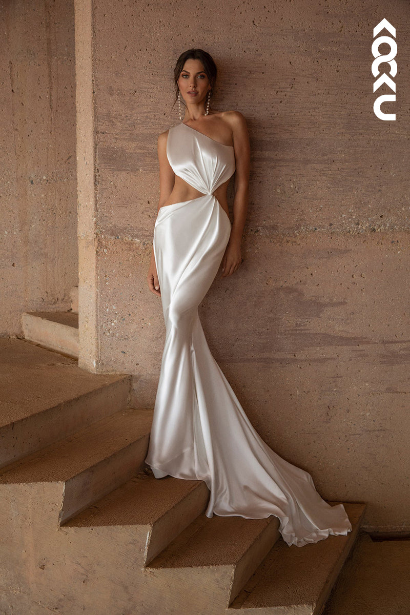 K1824 - One Shoulder Sleeveless Backless Cut Outs Satin Mermaid Long Wedding Dress