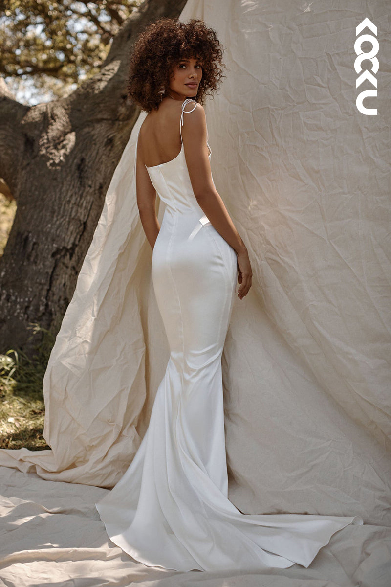 K1827 - Square Neck Spaghetti Straps Sleeveless Satin Mermaid Long Wedding Dress