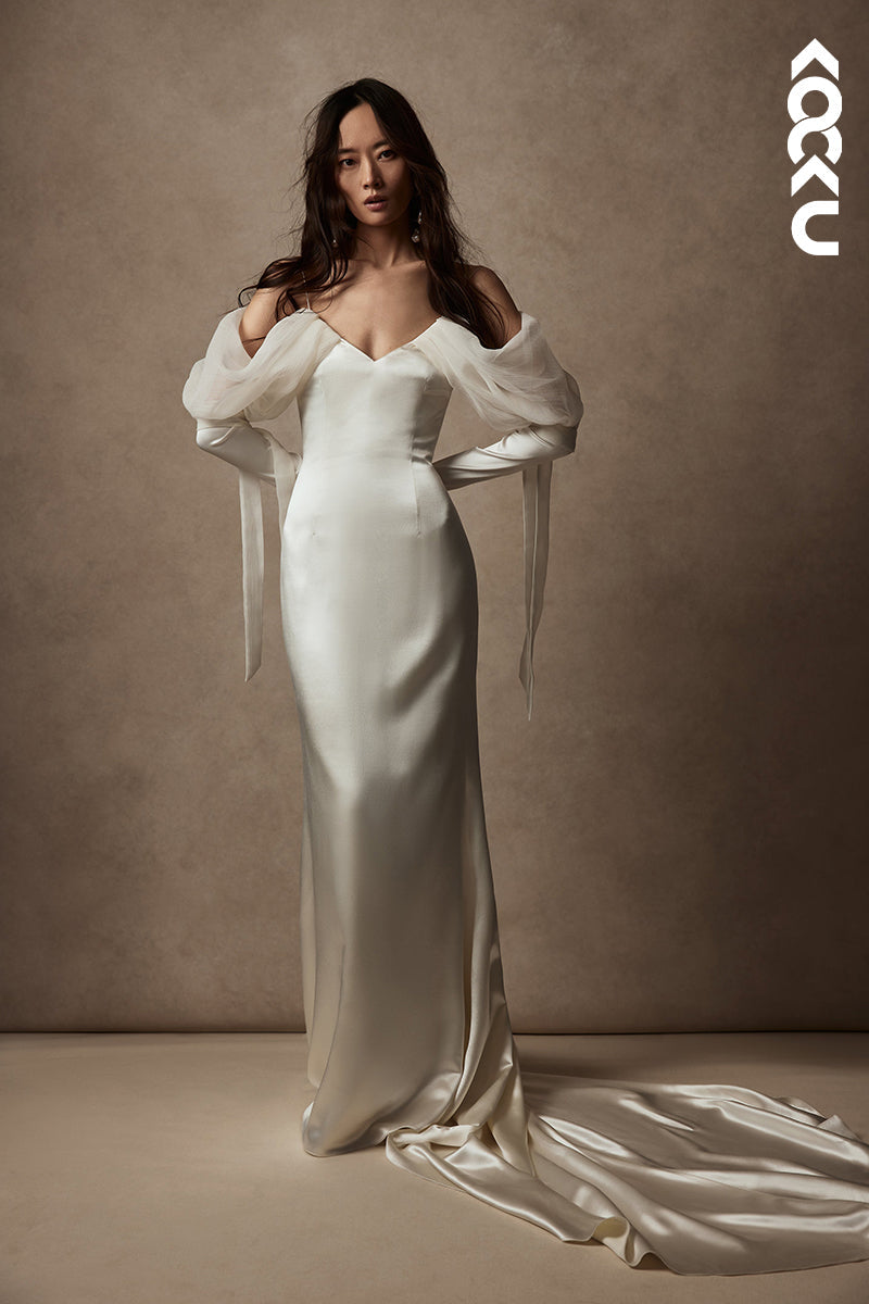 K1829 - Off-Shoulder V-Neck Long Sleeves Tulle Satin Mermaid Long Wedding Dress