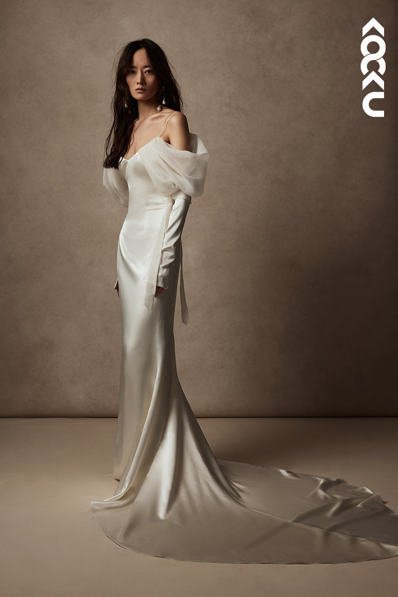 K1829 - Off-Shoulder V-Neck Long Sleeves Tulle Satin Mermaid Long Wedding Dress