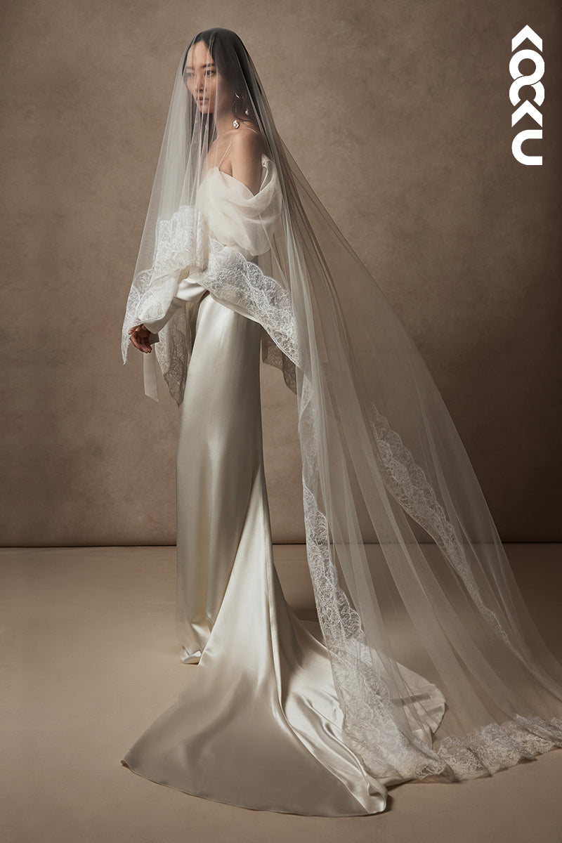 K1829 - Off-Shoulder V-Neck Long Sleeves Tulle Satin Mermaid Long Wedding Dress