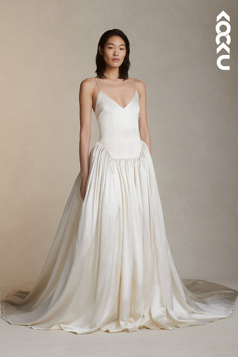 K1832 - V-Neck Spaghetti Straps Ruched Satin A-Line Long Wedding Dress