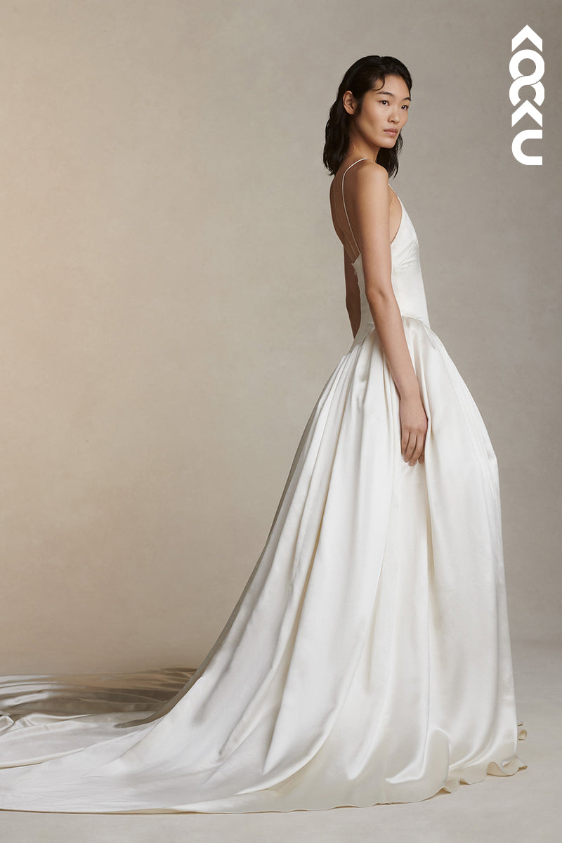 K1832 - V-Neck Spaghetti Straps Ruched Satin A-Line Long Wedding Dress