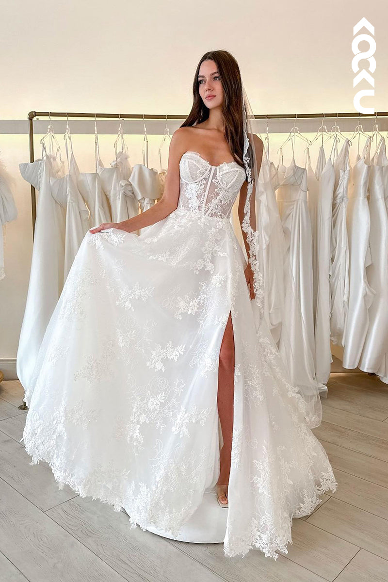 K1837 - Sweetheart Strapless Sleeveless Lace Sheer Tulle A-Line Long Wedding Dress