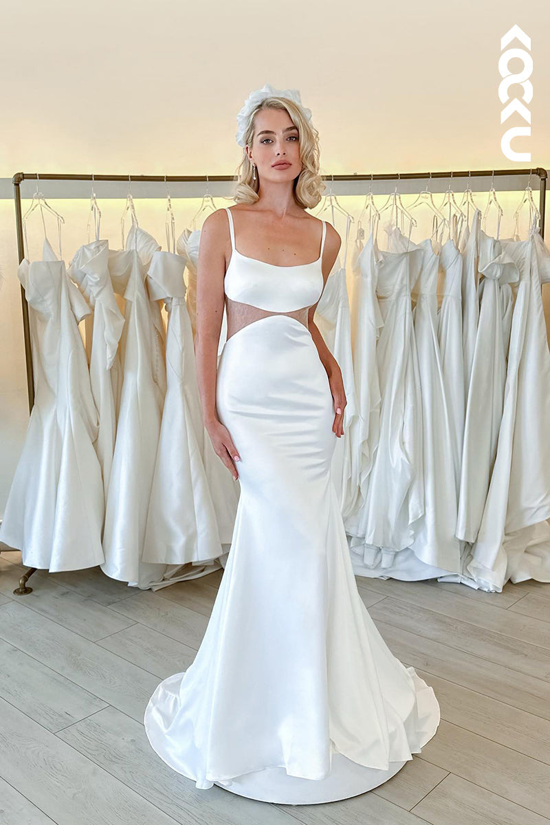 K1838 - Square Neck Sleeveless Sheer Tulle Satin Mermaid Long Wedding Dress