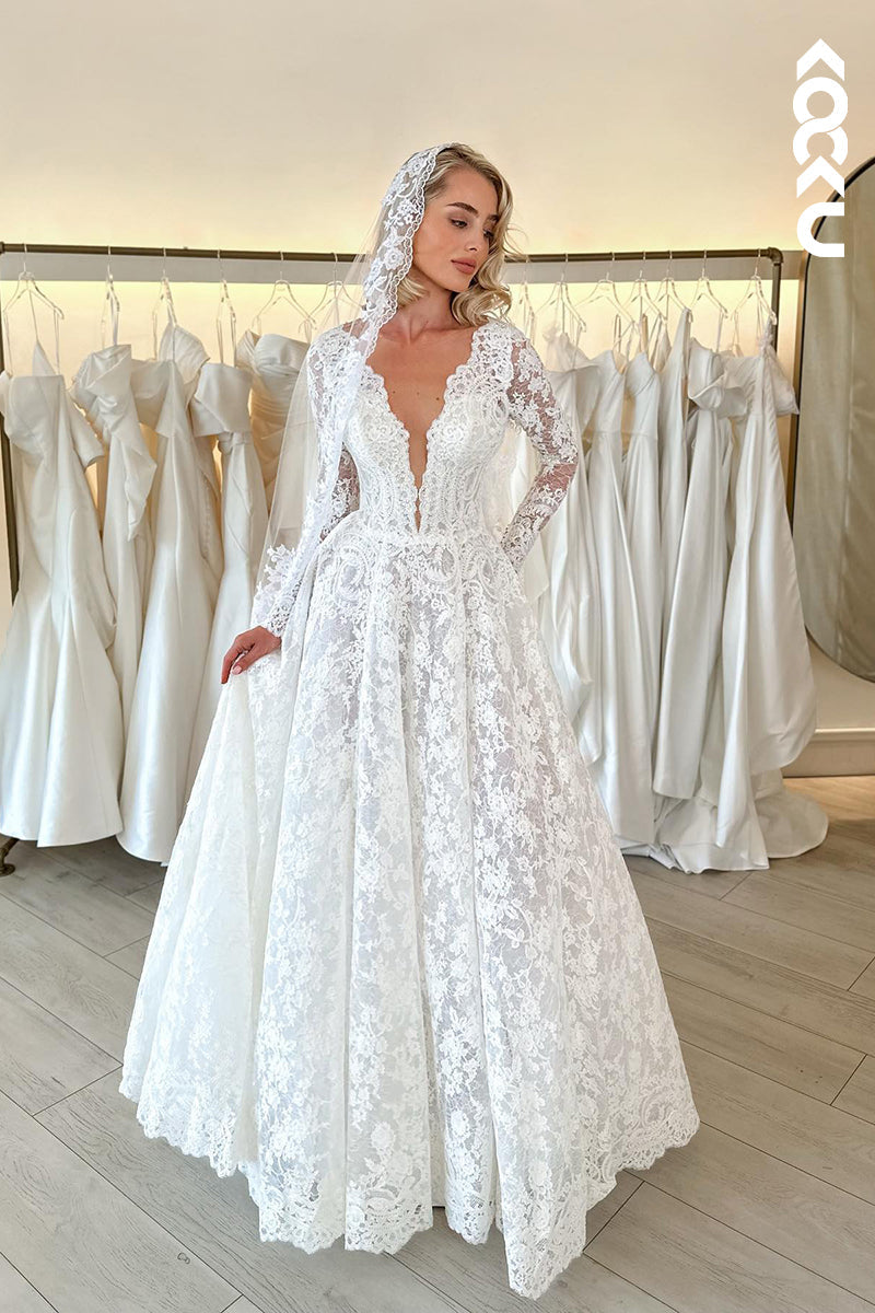 K1839 - Low V-Neck Long Sleeves Sheer Lace A-Line Long Wedding Dress