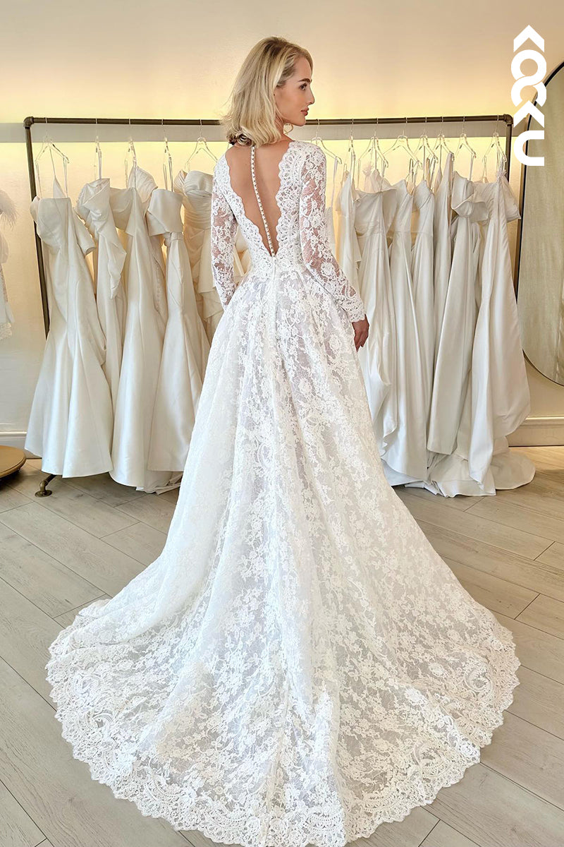 K1839 - Low V-Neck Long Sleeves Sheer Lace A-Line Long Wedding Dress