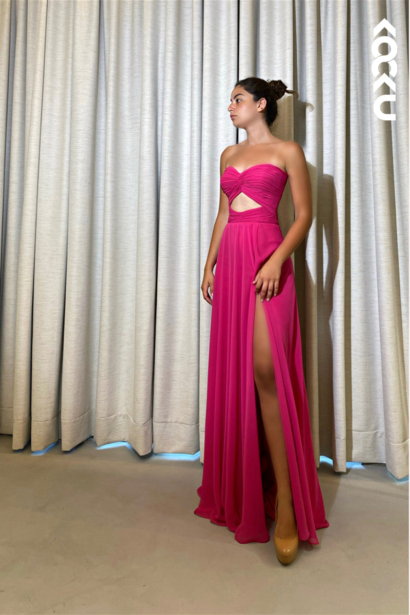 L1871 - Sweetheart Strapless Cut Outs Ruched Satin A-Line Long Evening Dress