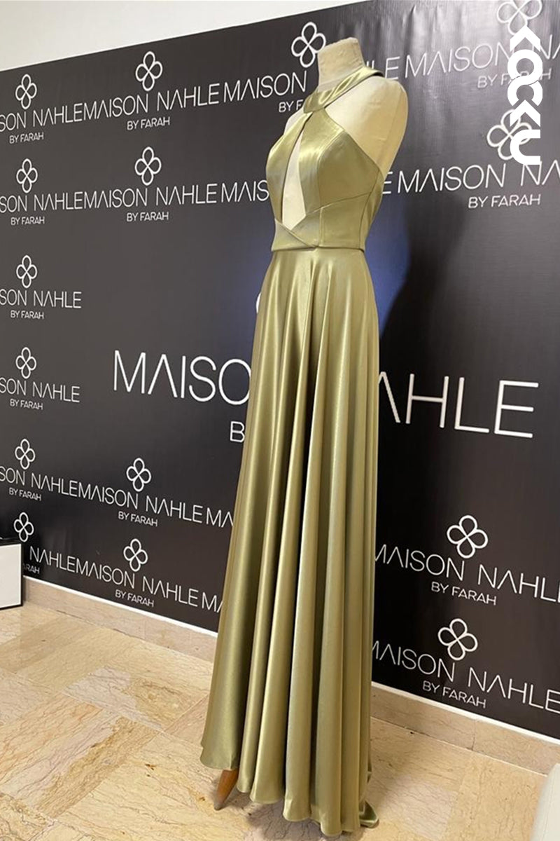 L1872 - Halter Sleeveless Cut Outs Pleated Satin A-Line Long Evening Dress