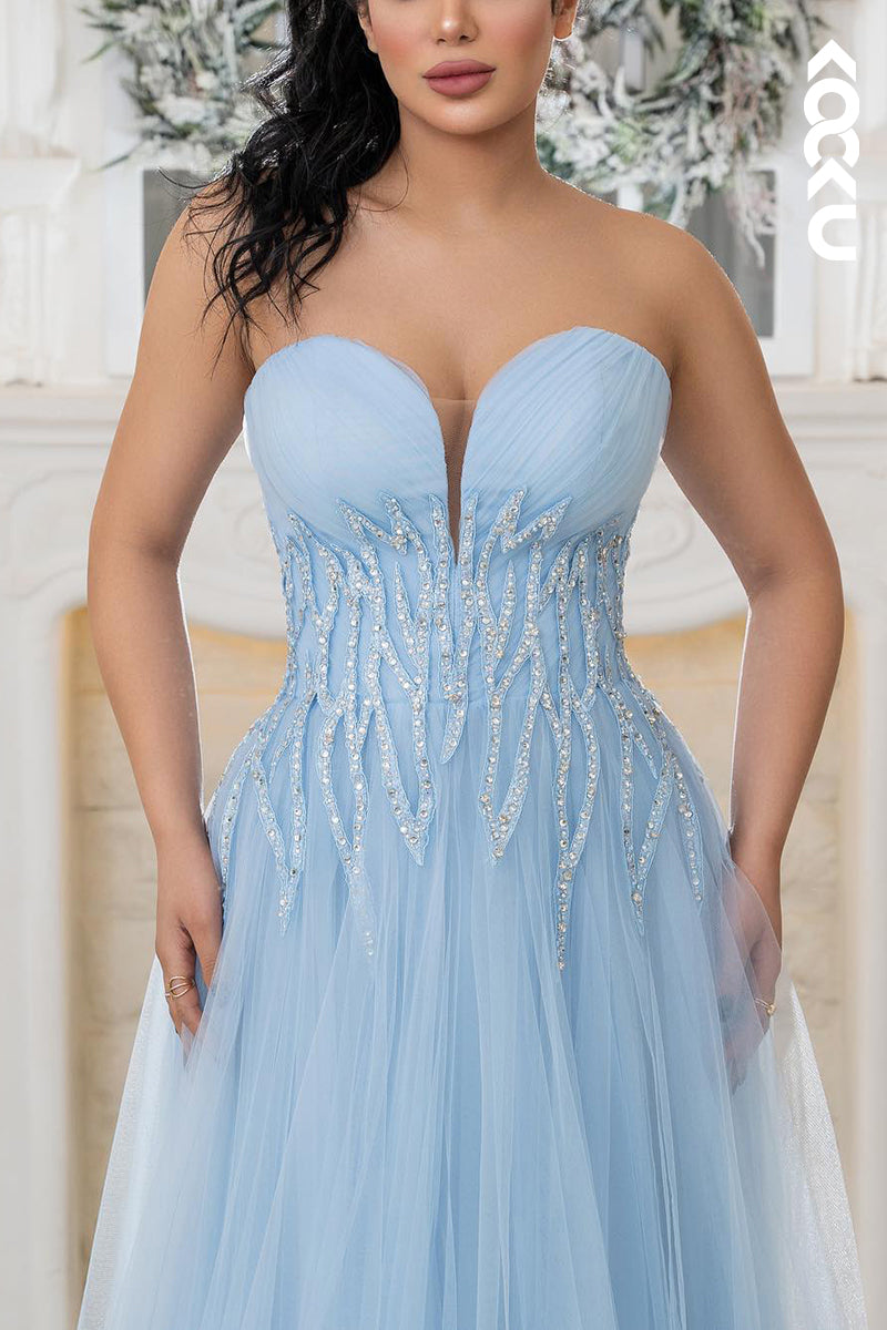 L1882 - Sweetheart Strapless Beaded Ruched Tulle A-Line Long Evening Dress