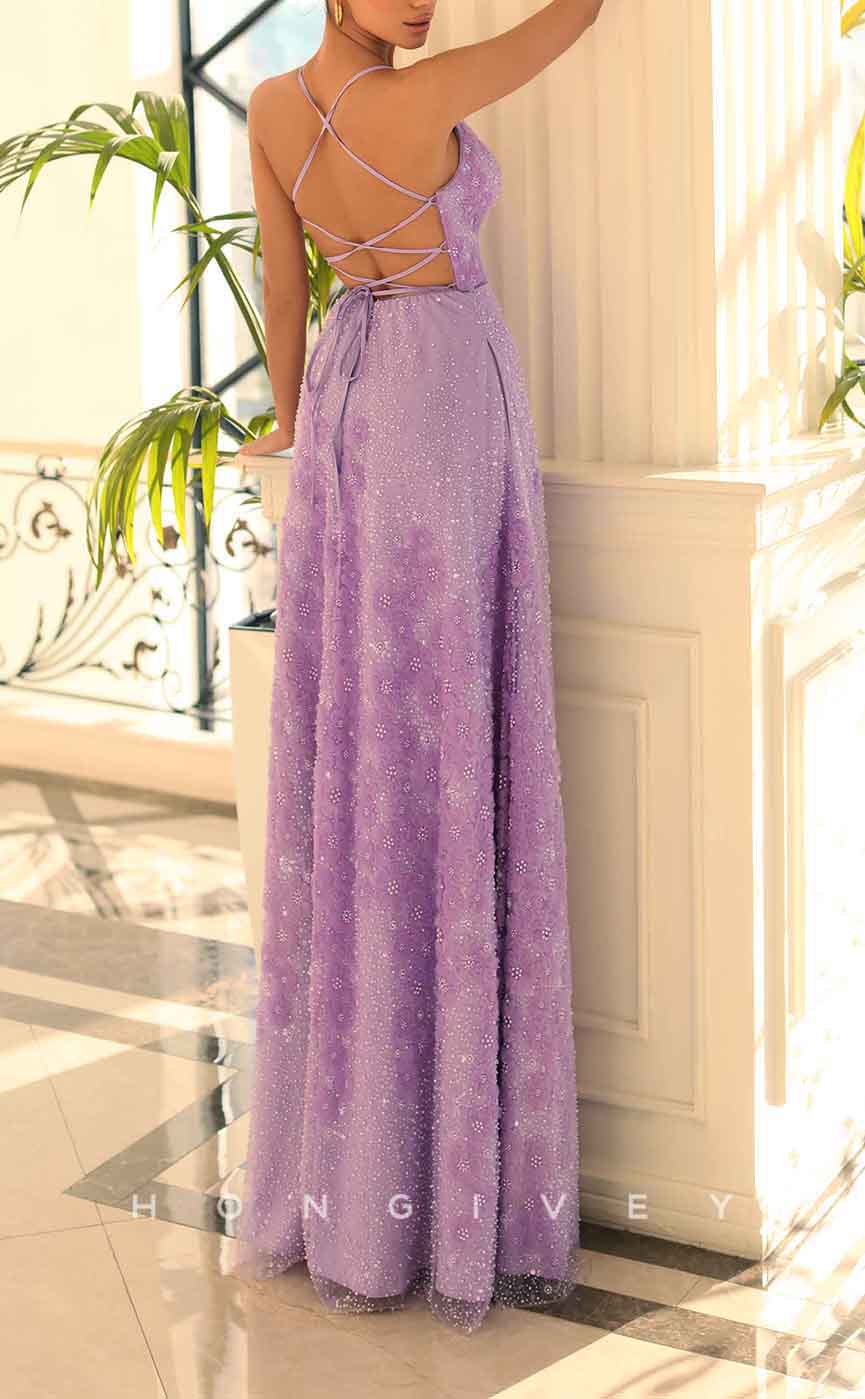 L1938 - SexySatin A-Line V-Neck Spaghetti Straps Empire Beaded Appliques Floor-Length Party Prom Evening Dress