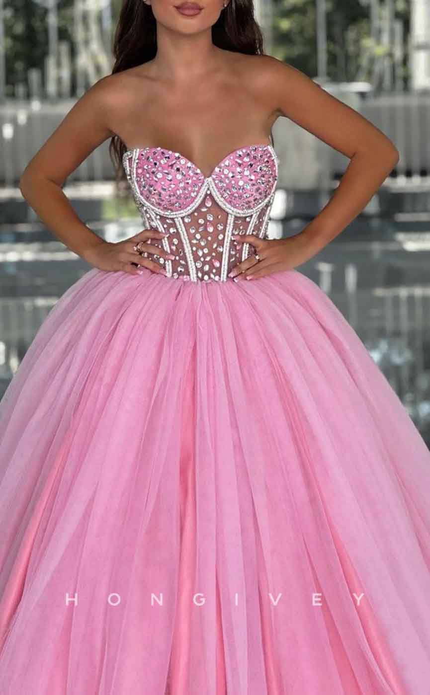 L1940 - Sexy Tulle A-Line Sweetheart Strapless Illusion Empire Beaded Party Prom Evening Dress