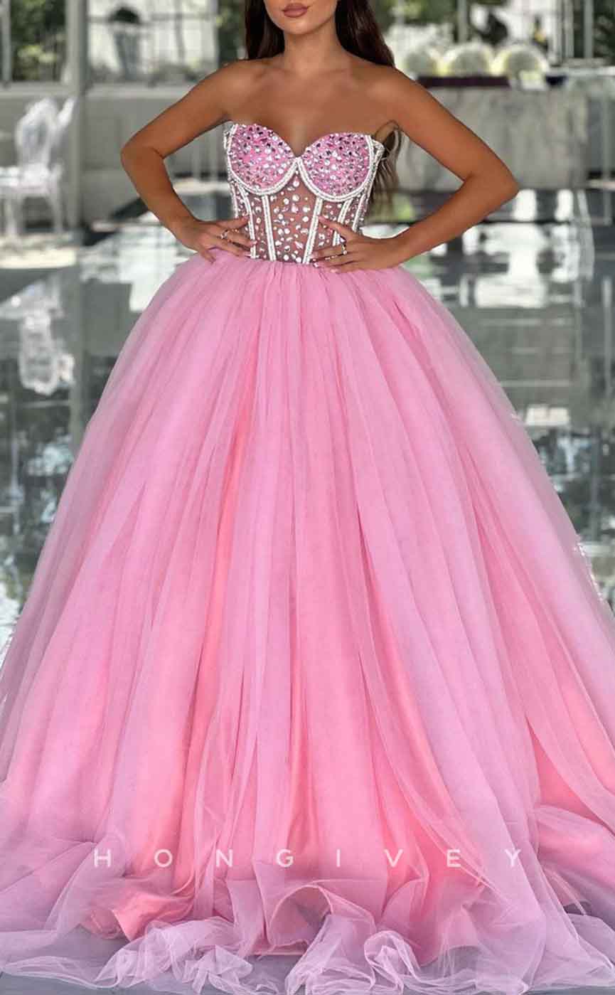 L1940 - Sexy Tulle A-Line Sweetheart Strapless Illusion Empire Beaded Party Prom Evening Dress