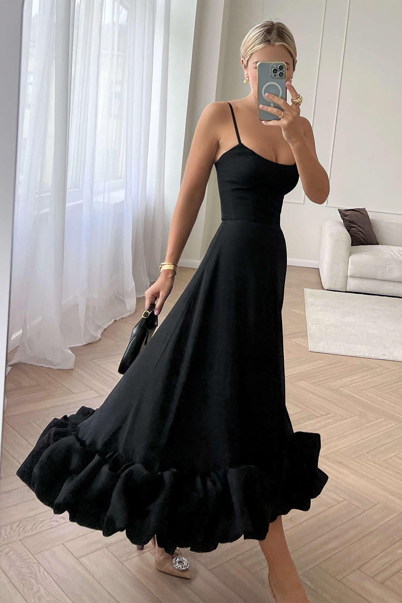 L1951 - Scoop Sleeveless Ruffles Ruched Satin A-Line Midi Formal Evening Dress