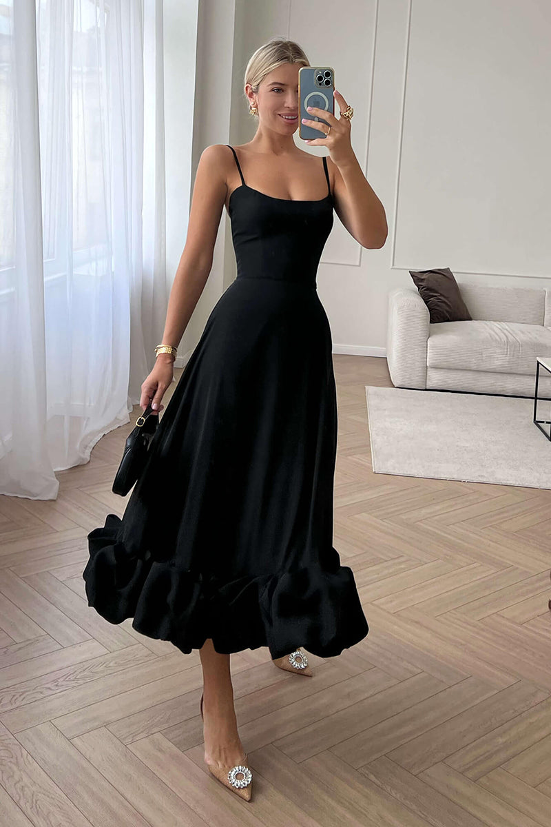 L1951 - Scoop Sleeveless Ruffles Ruched Satin A-Line Midi Formal Evening Dress