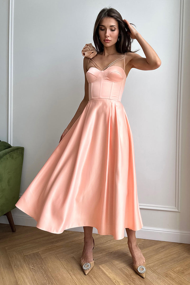 L1953 - Sweetheart Spaghetti Straps Floral Ruched Satin A-Line Midi Evening Dress