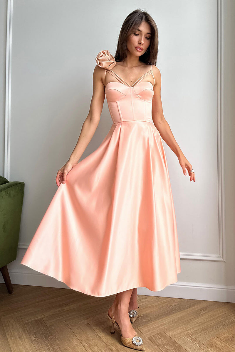 L1953 - Sweetheart Spaghetti Straps Floral Ruched Satin A-Line Midi Evening Dress