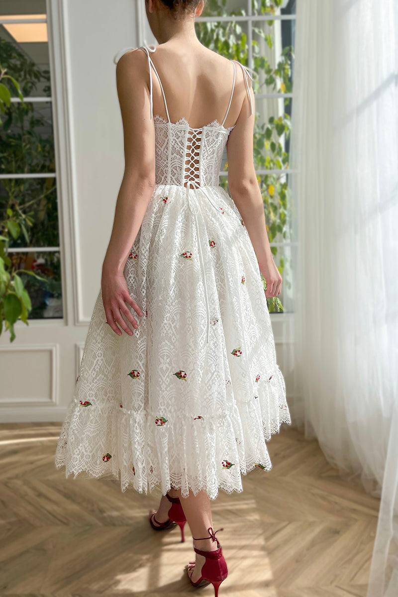 L1964 - Spaghetti Straps Appliqued Sheer Lace A-Line Tea Length Evening Prom Dress