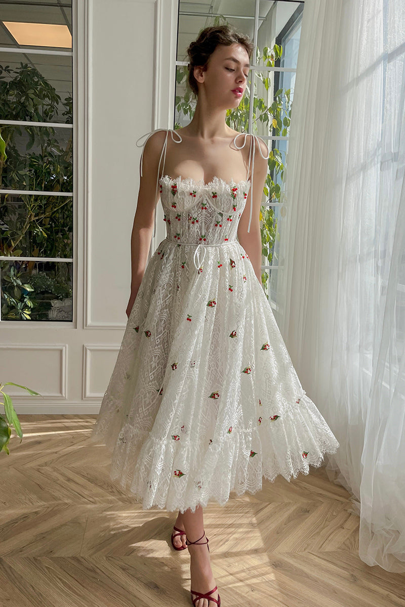 L1964 - Spaghetti Straps Appliqued Sheer Lace A-Line Tea Length Evening Prom Dress