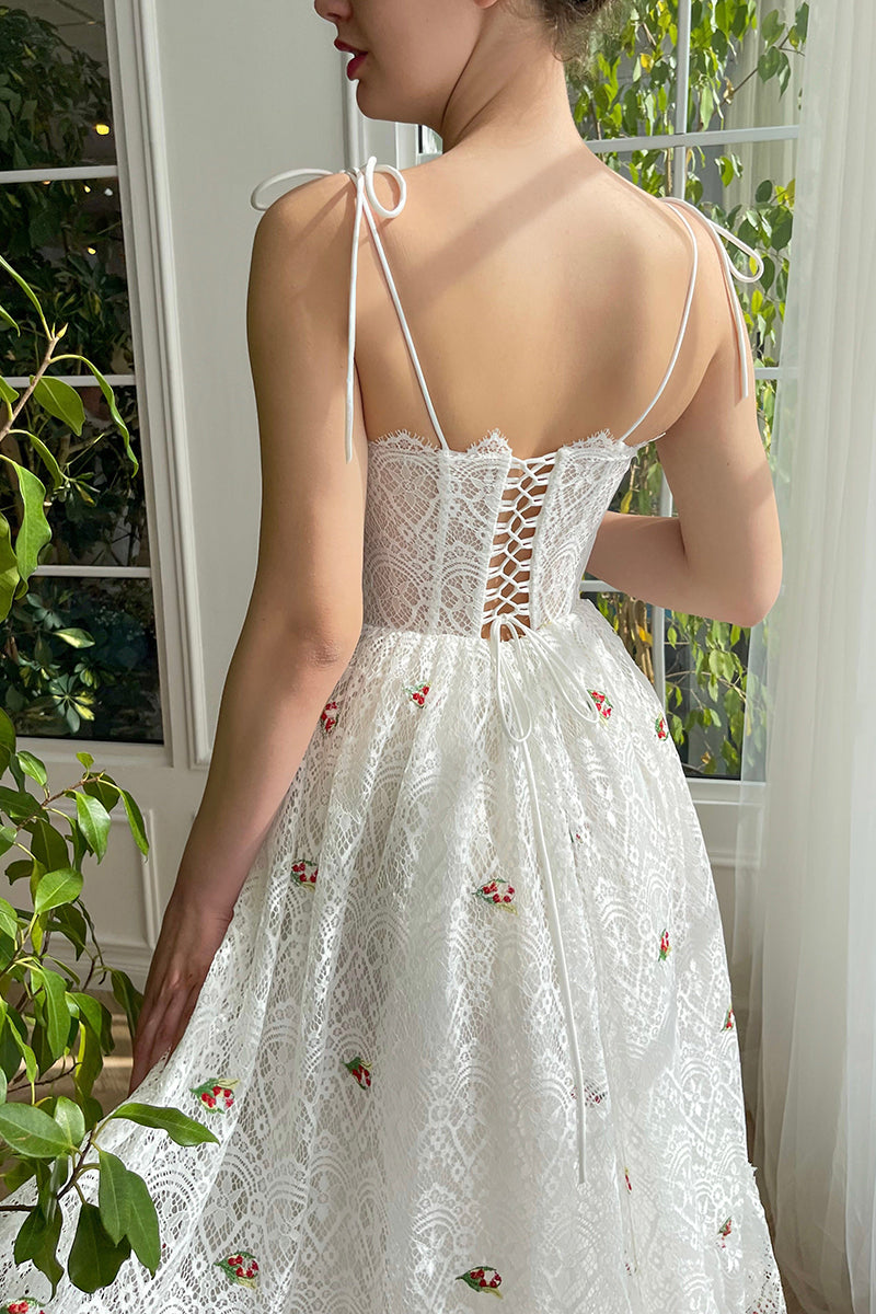 L1964 - Spaghetti Straps Appliqued Sheer Lace A-Line Tea Length Evening Prom Dress