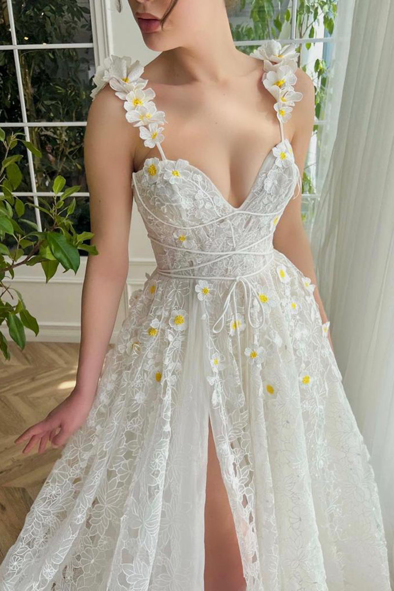 L1965 - Sweetheart Appliqued Sheer Lace A-Line Long Prom Evening Dress With Slit