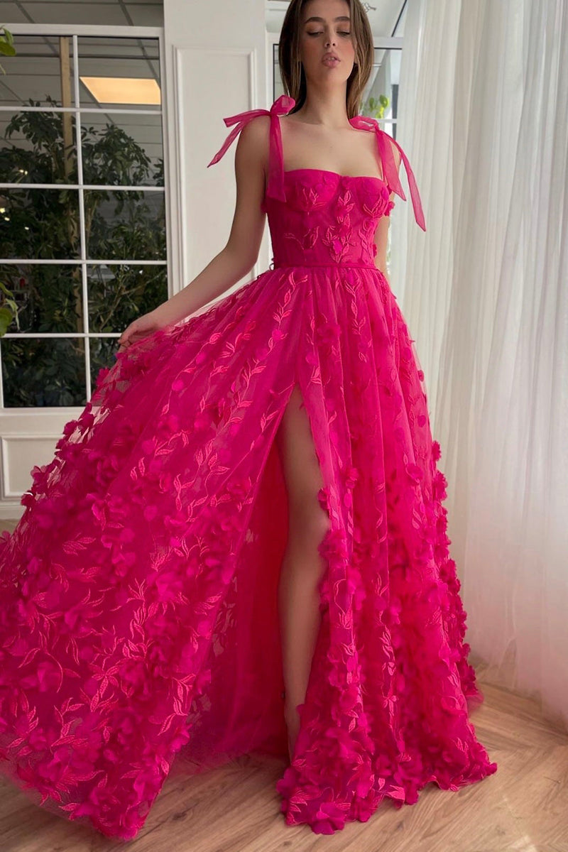 L1966 - Square Neck Lace Appliqued Tulle A-Line Long Prom Evening Dress With Slit