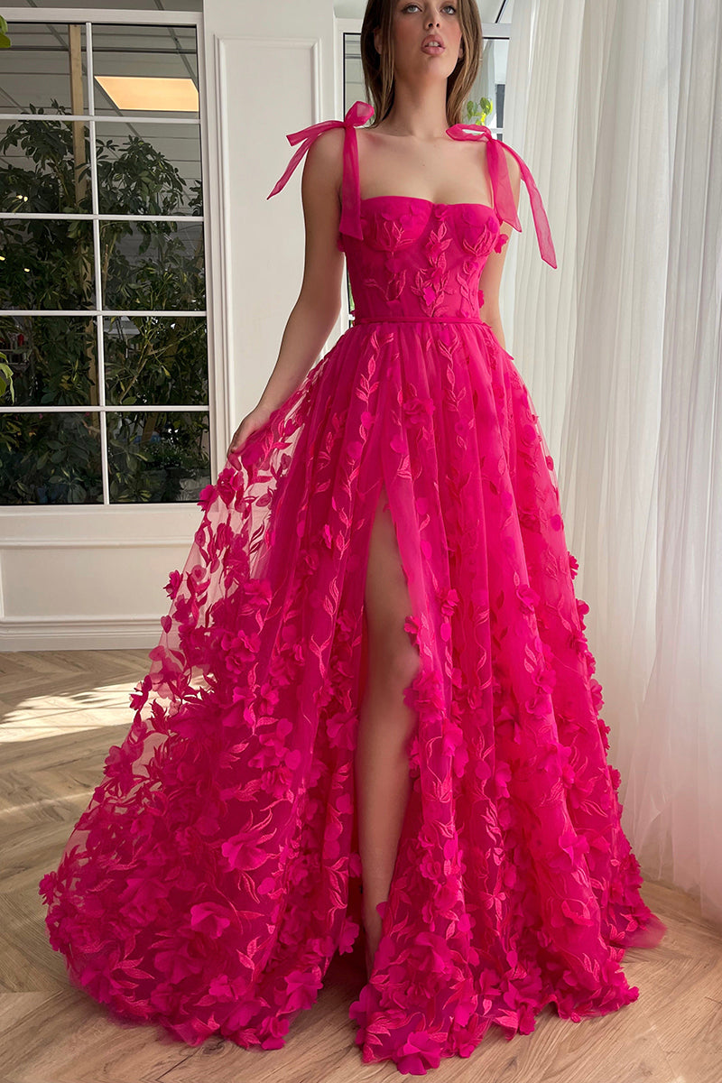 L1966 - Square Neck Lace Appliqued Tulle A-Line Long Prom Evening Dress With Slit