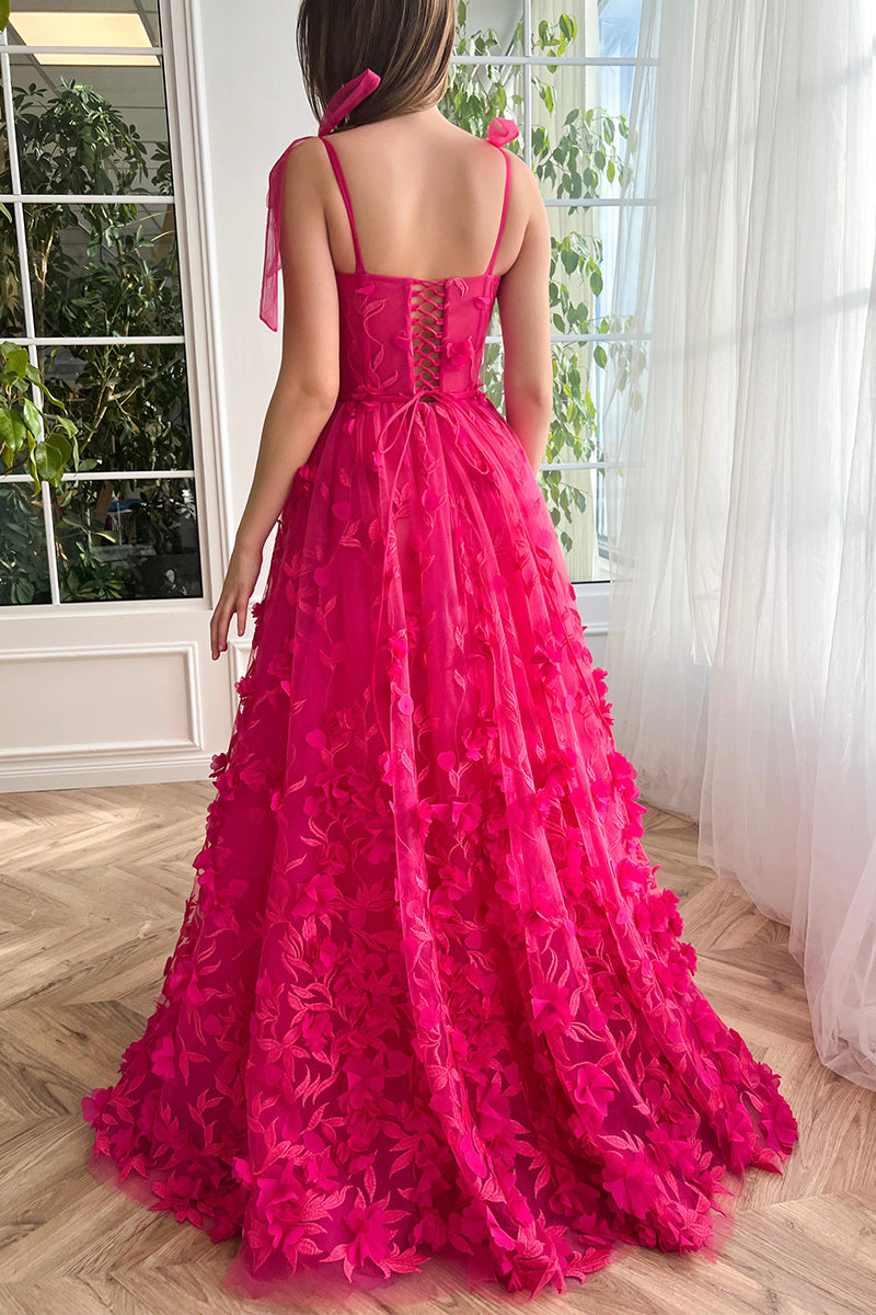 L1966 - Square Neck Lace Appliqued Tulle A-Line Long Prom Evening Dress With Slit