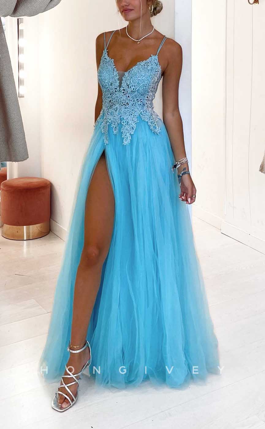 L1993 - Sexy Tulle A-Line V-Neck Spaghetti Straps Empire Appliques With Side SlitParty Prom Evening Dress