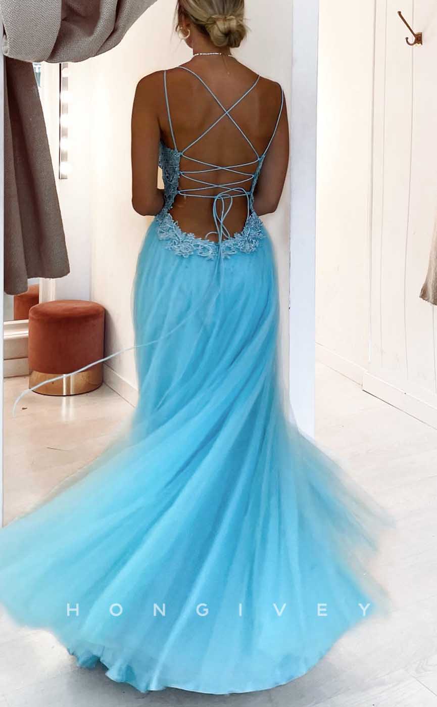 L1993 - Sexy Tulle A-Line V-Neck Spaghetti Straps Empire Appliques With Side SlitParty Prom Evening Dress