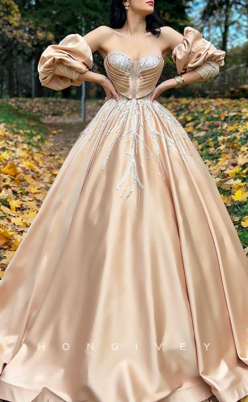 L1999 - Sexy Satin A-Line Sweetheart Empire Puff Sleeves Gown Beaded Appliques Party Prom Evening Dress