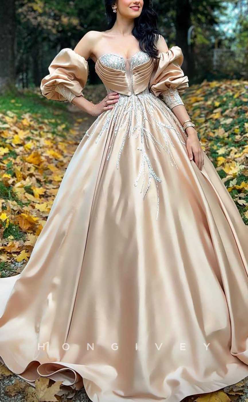 L1999 - Sexy Satin A-Line Sweetheart Empire Puff Sleeves Gown Beaded Appliques Party Prom Evening Dress