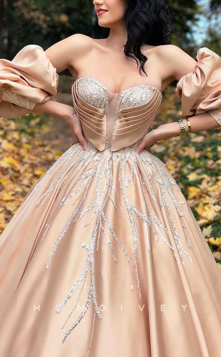 L1999 - Sexy Satin A-Line Sweetheart Empire Puff Sleeves Gown Beaded Appliques Party Prom Evening Dress