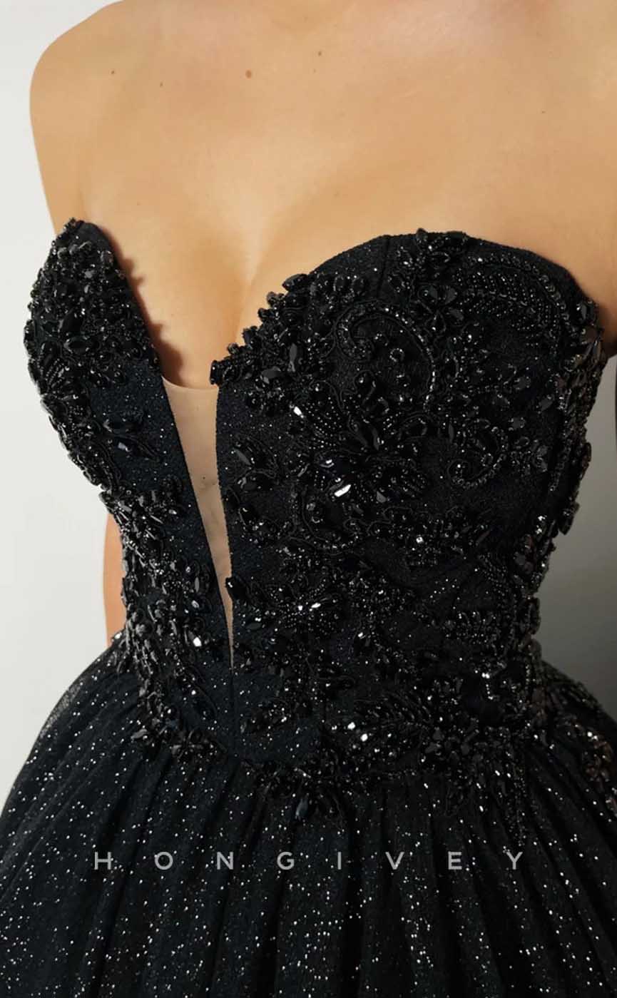 L2003 - Sexy Satin Glitter A-Line Sweetheart Strapless Empire Beaded With Train Party Prom Evening Dress