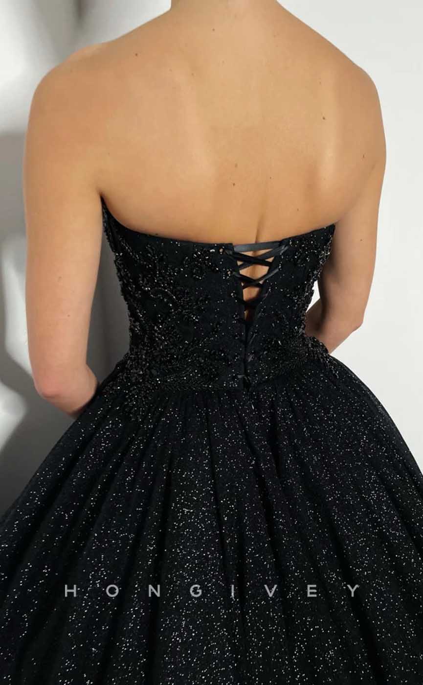 L2003 - Sexy Satin Glitter A-Line Sweetheart Strapless Empire Beaded With Train Party Prom Evening Dress