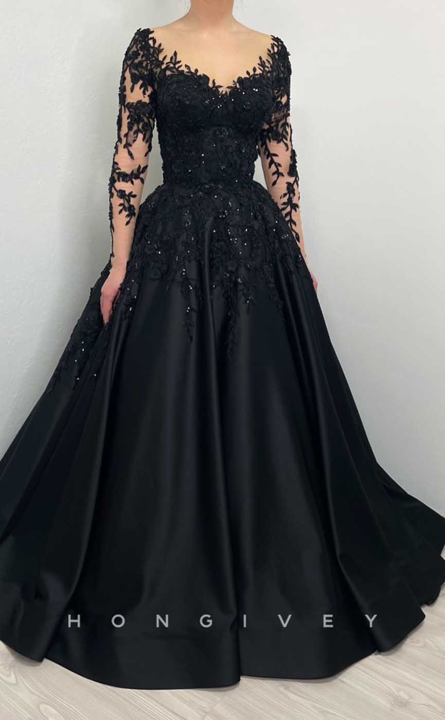 L2007 - Sexy Satin A-Line V-Neck Lace Long Sleeve Empire Beaded Appliques Party Prom Evening Dress