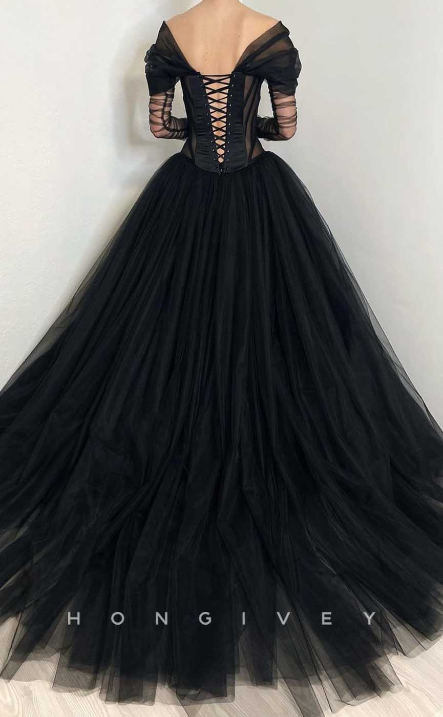 L2010 - Sexy Tulle A-Line Off-Shoulder Lace Long Sleeve Illusion With Train Party Prom Evening Dress