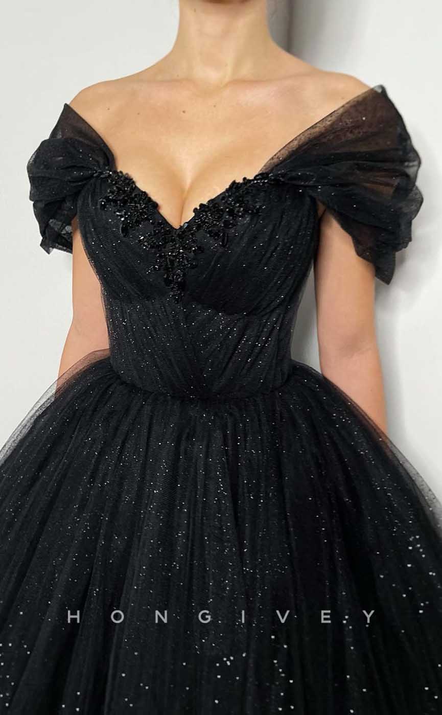 L2012 - Sexy Glitter A-Line Off-Shoulder Empire Beaded Floor-Length Party Prom Evening Dress